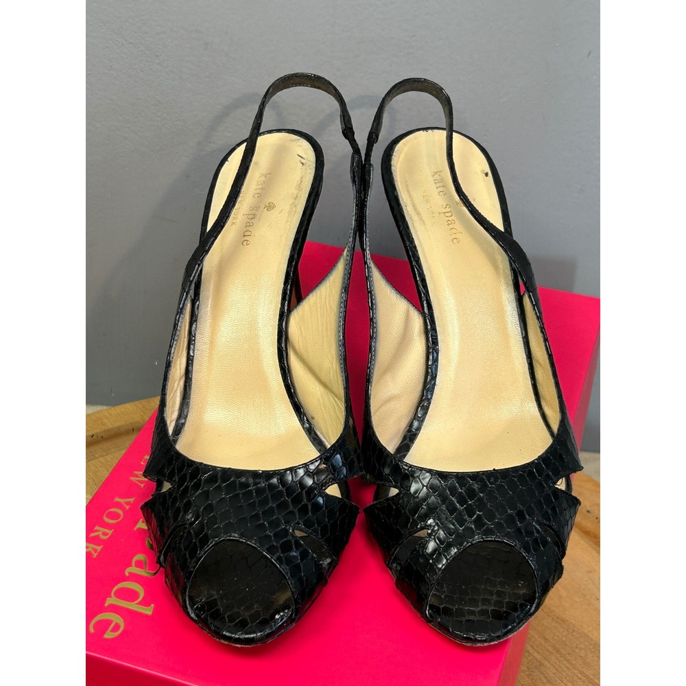 Kate Spade Heels Women 11 Black Snakeskin Embossed Slingback Peep Toe Made Italy